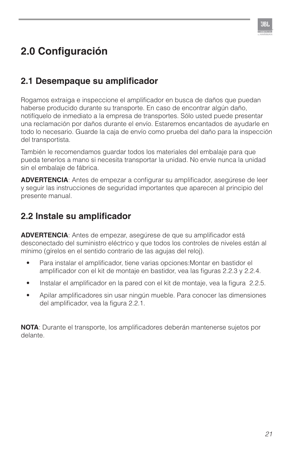 0 configuración, 1 desempaque su amplificador, 2 instale su amplificador | JBL CSA2120 2-Channel Installed Sound Power Amplifier User Manual | Page 21 / 36