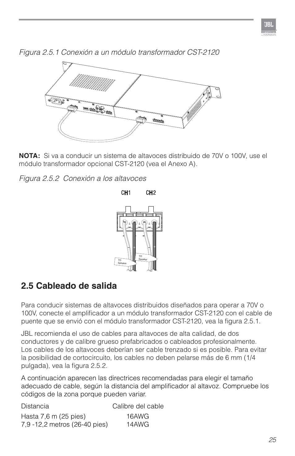 5 cableado de salida, Figura 2.5.2 conexión a los altavoces | JBL CSA2120 2-Channel Installed Sound Power Amplifier User Manual | Page 25 / 36