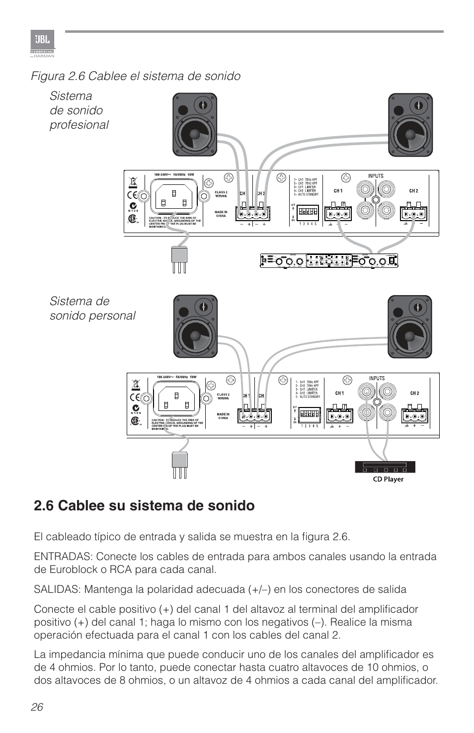 6 cablee su sistema de sonido | JBL CSA2120 2-Channel Installed Sound Power Amplifier User Manual | Page 26 / 36