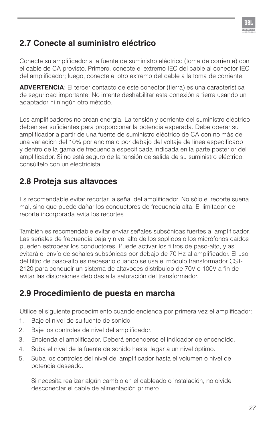 7 conecte al suministro eléctrico, 8 proteja sus altavoces, 9 procedimiento de puesta en marcha | JBL CSA2120 2-Channel Installed Sound Power Amplifier User Manual | Page 27 / 36