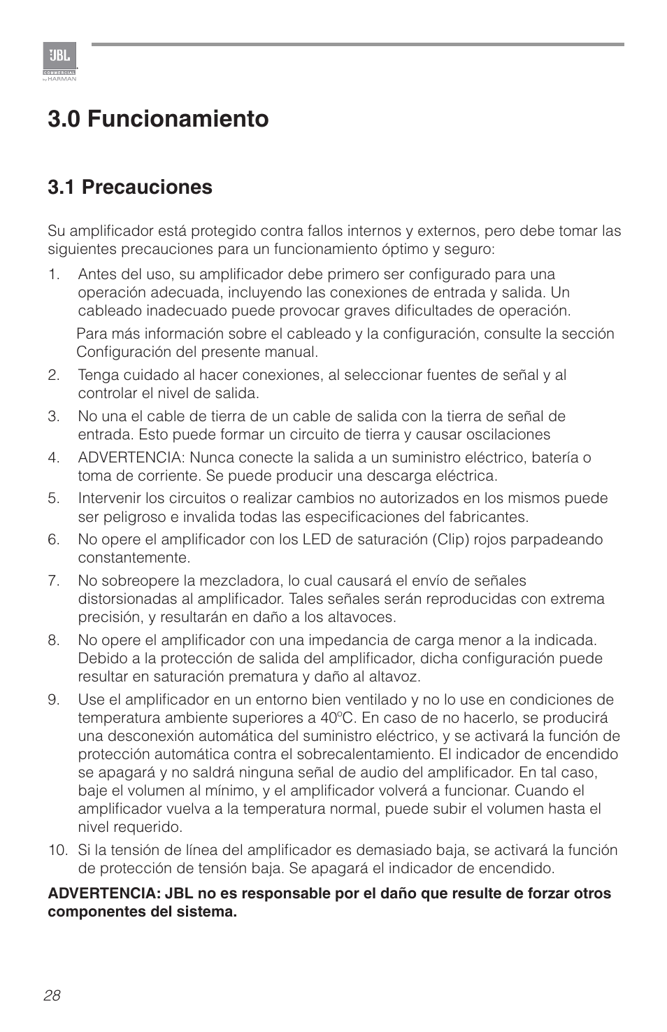 0 funcionamiento, 1 precauciones | JBL CSA2120 2-Channel Installed Sound Power Amplifier User Manual | Page 28 / 36