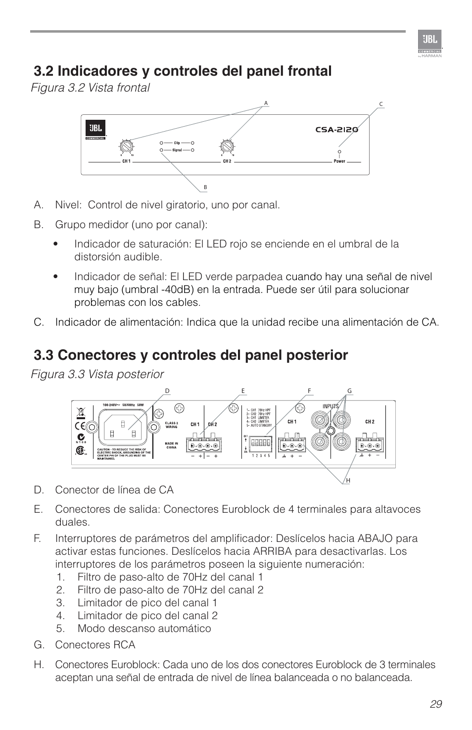 2 indicadores y controles del panel frontal, 3 conectores y controles del panel posterior | JBL CSA2120 2-Channel Installed Sound Power Amplifier User Manual | Page 29 / 36