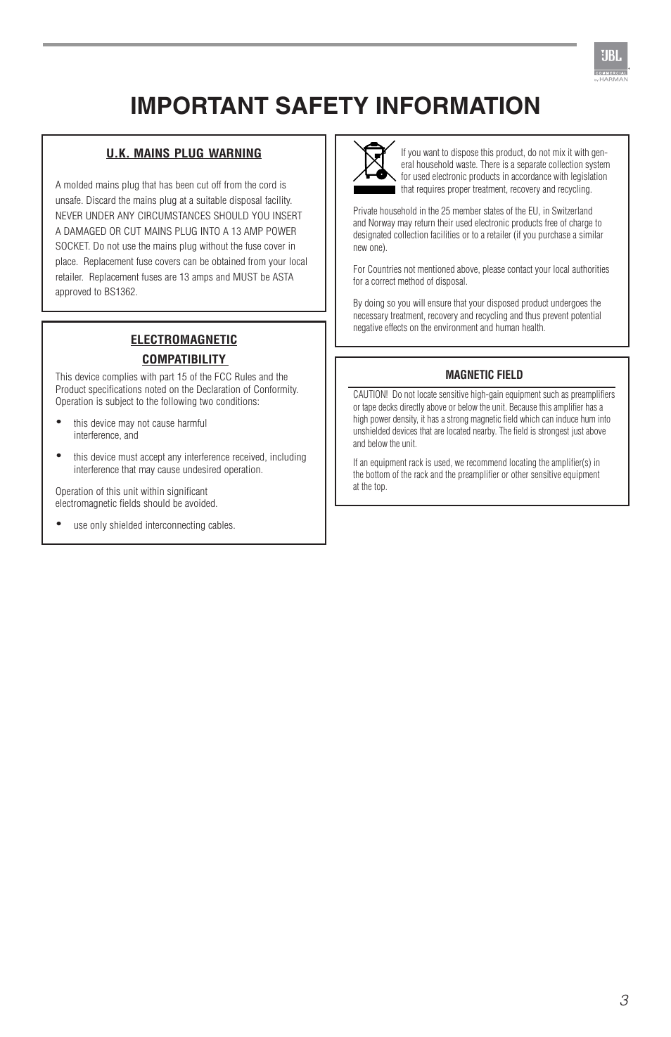 Important safety information | JBL CSA2120 2-Channel Installed Sound Power Amplifier User Manual | Page 3 / 36