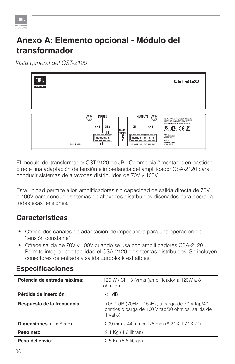 Características, Especificaciones, Vista general del cst-2120 | JBL CSA2120 2-Channel Installed Sound Power Amplifier User Manual | Page 30 / 36