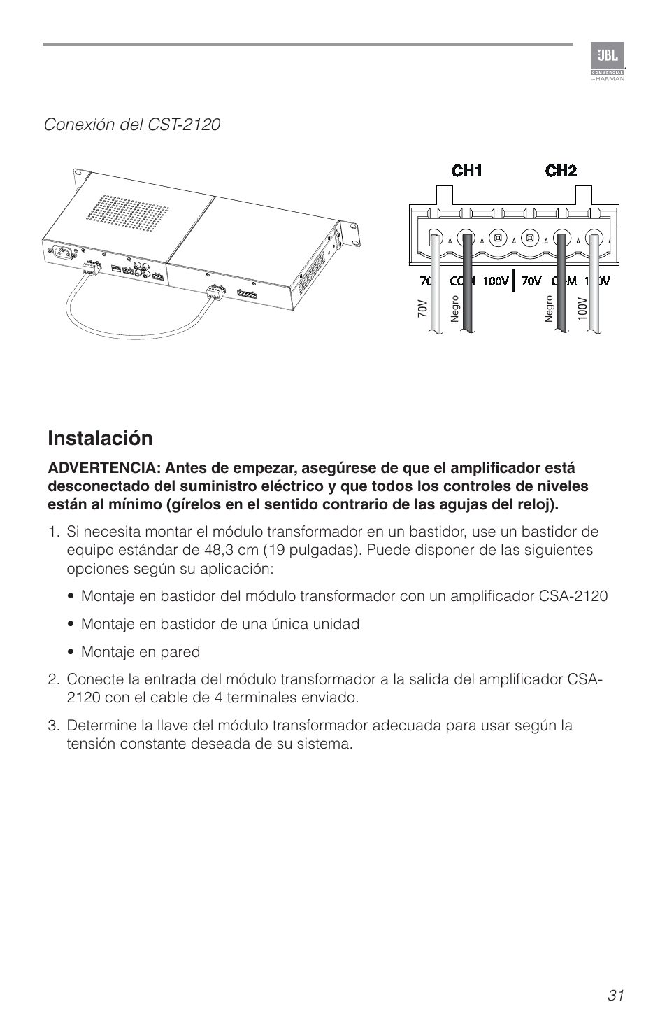 Instalación | JBL CSA2120 2-Channel Installed Sound Power Amplifier User Manual | Page 31 / 36