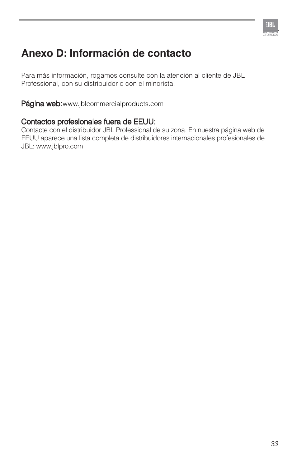 Anexo d: información de contacto | JBL CSA2120 2-Channel Installed Sound Power Amplifier User Manual | Page 33 / 36