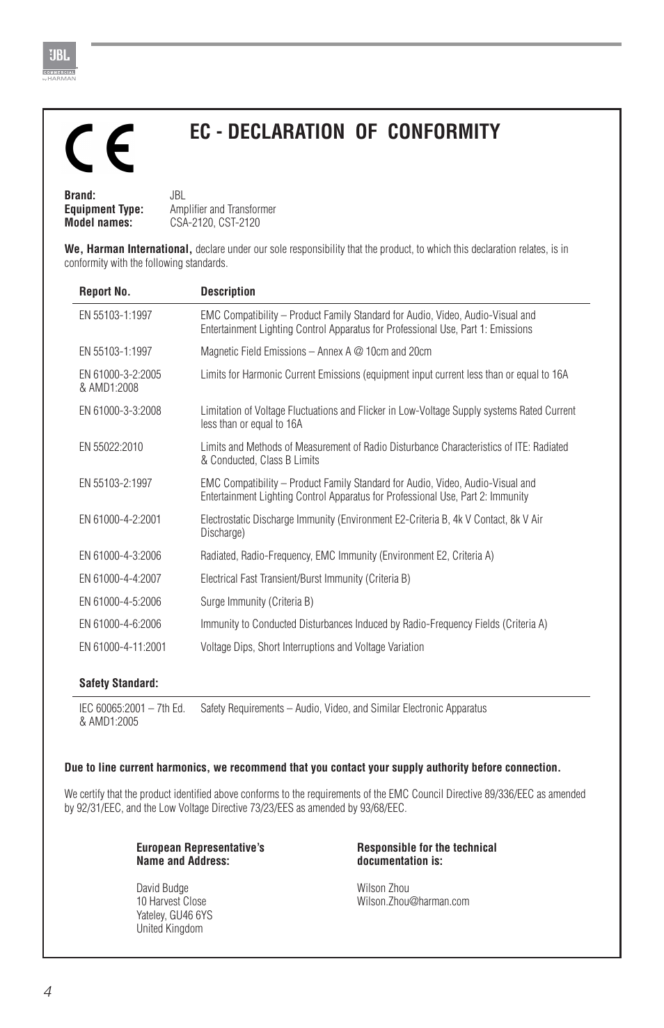 Ec - declaration of conformity | JBL CSA2120 2-Channel Installed Sound Power Amplifier User Manual | Page 4 / 36