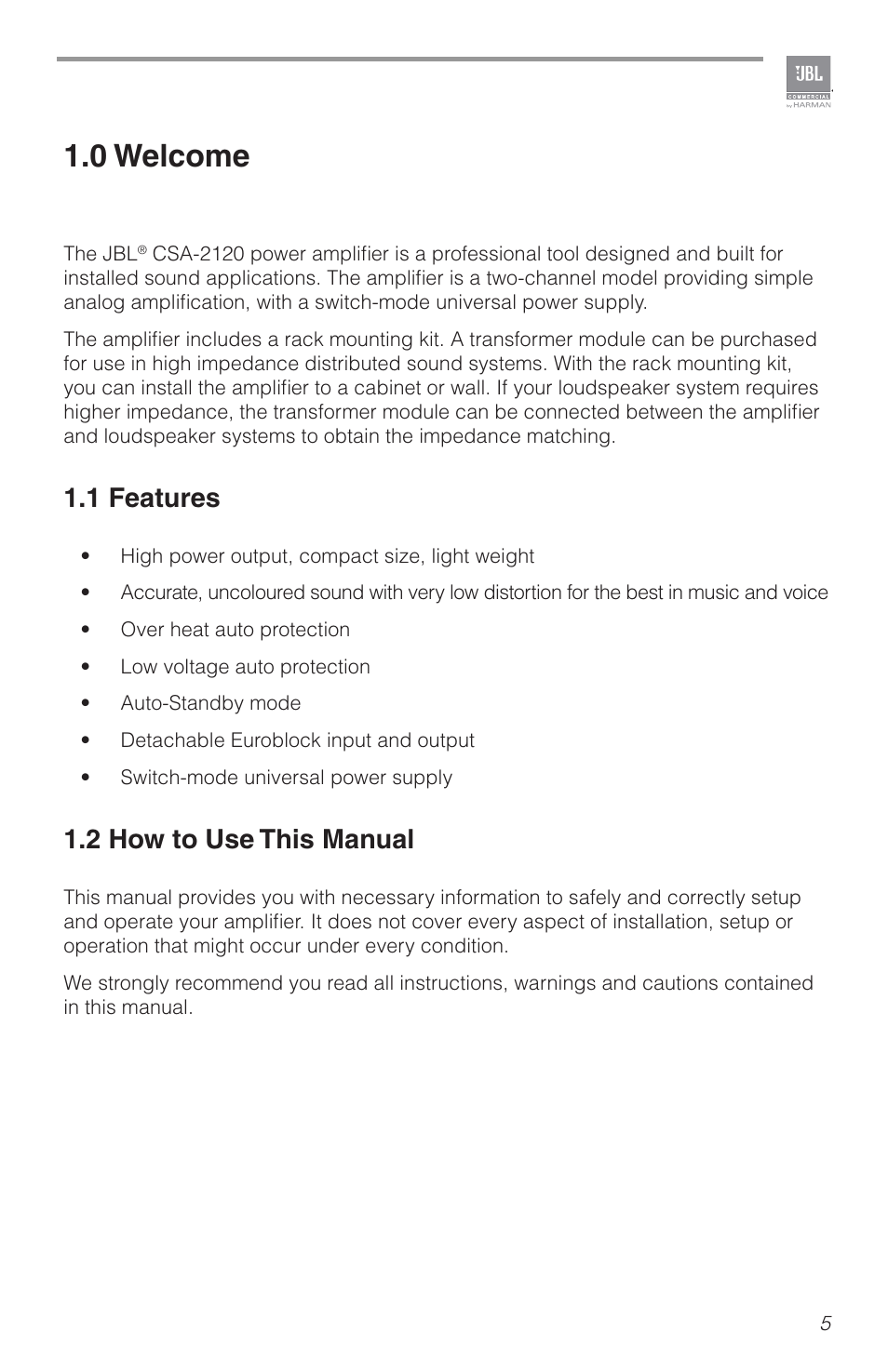 0 welcome, 1 features, 2 how to use this manual | JBL CSA2120 2-Channel Installed Sound Power Amplifier User Manual | Page 5 / 36