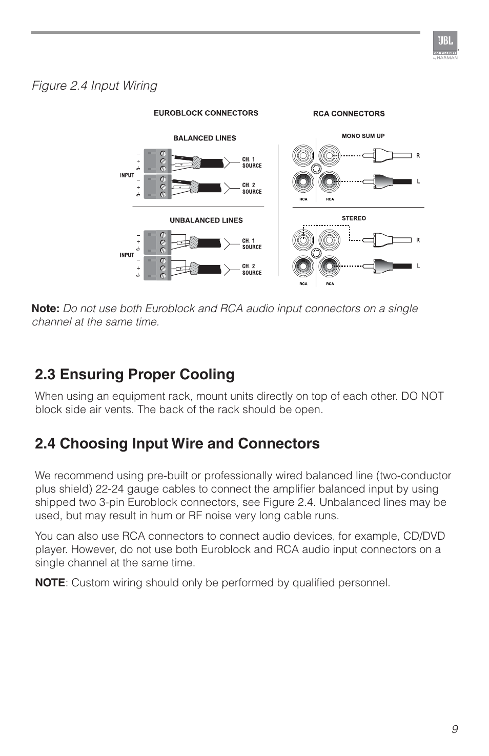 3 ensuring proper cooling, 4 choosing input wire and connectors | JBL CSA2120 2-Channel Installed Sound Power Amplifier User Manual | Page 9 / 36