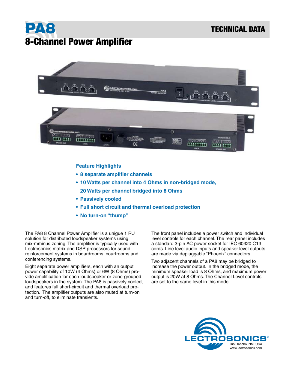 Lectrosonics PA8 - 8-Channel Power Amplifier User Manual | 2 pages