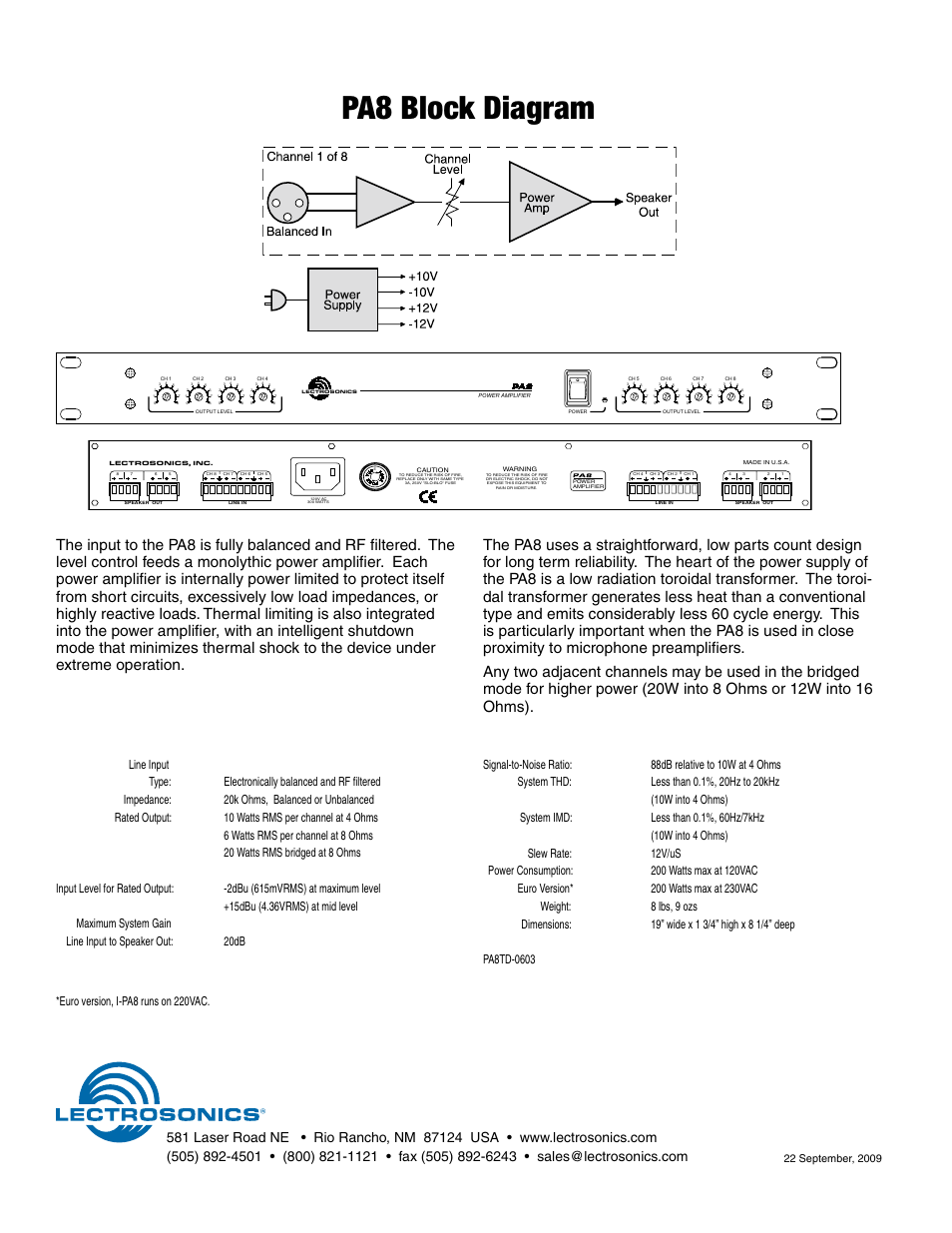 Pa8 block diagram | Lectrosonics PA8 - 8-Channel Power Amplifier User Manual | Page 2 / 2