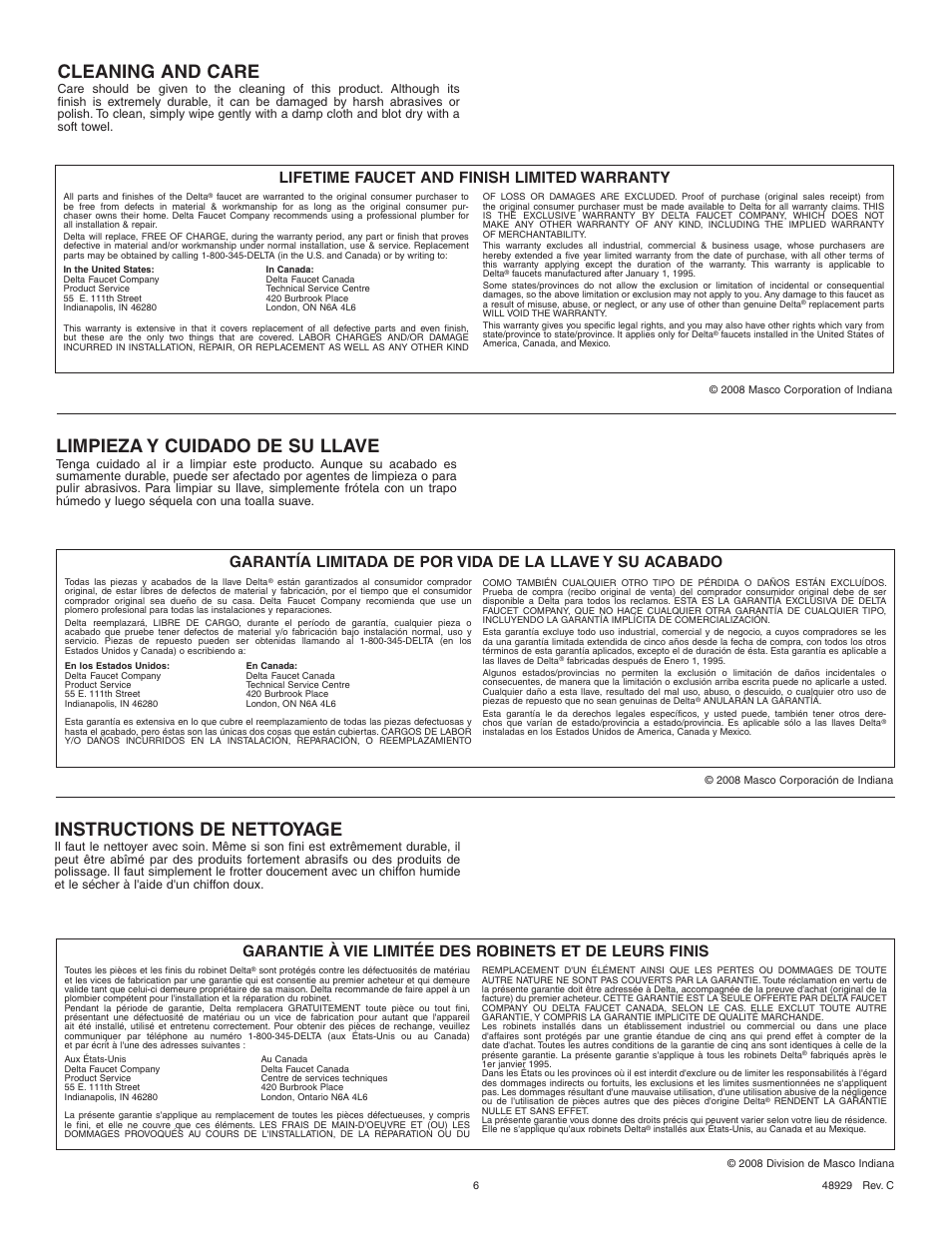 Cleaning and care, Instructions de nettoyage, Limpieza y cuidado de su llave | Lifetime faucet and finish limited warranty | Delta 15915 Series User Manual | Page 6 / 6