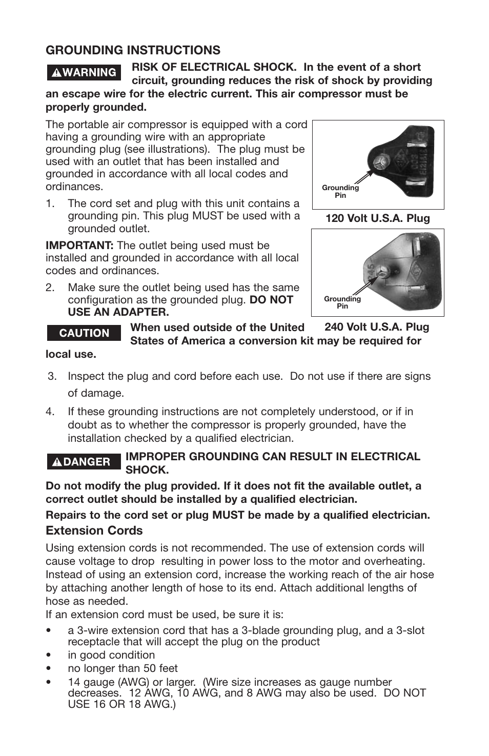 Grounding instructions, Extension cords | Delta 66-500-1 User Manual | Page 10 / 72