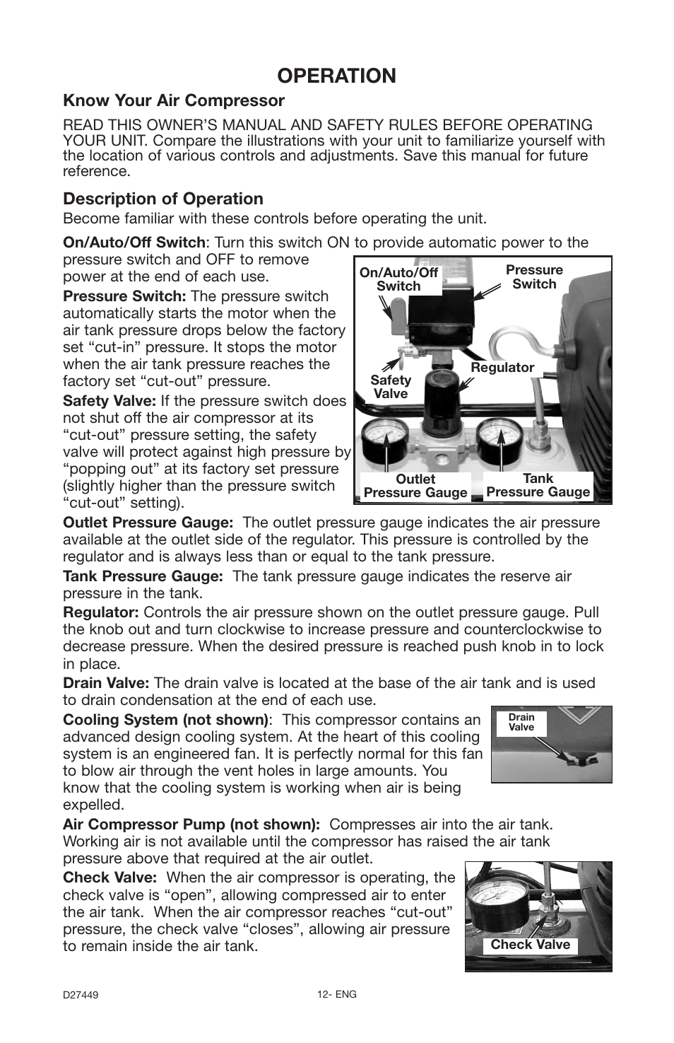 Operation, Know your air compressor, Description of operation | Delta 66-500-1 User Manual | Page 12 / 72