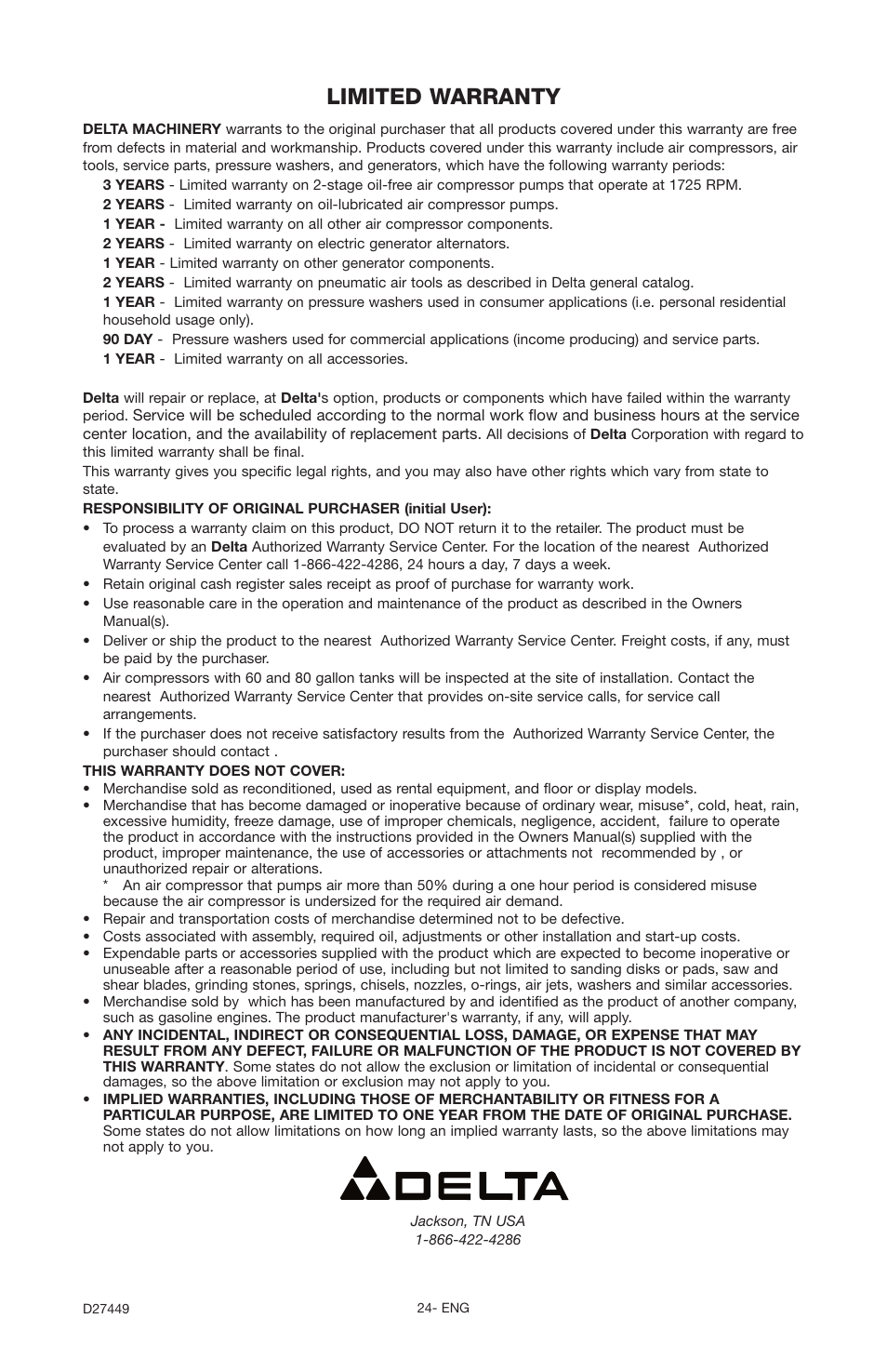 Limited warranty | Delta 66-500-1 User Manual | Page 24 / 72