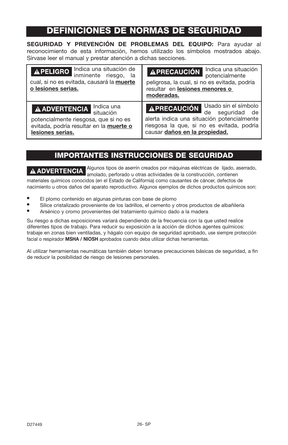 Definiciones de normas de seguridad, Importantes instrucciones de seguridad | Delta 66-500-1 User Manual | Page 26 / 72