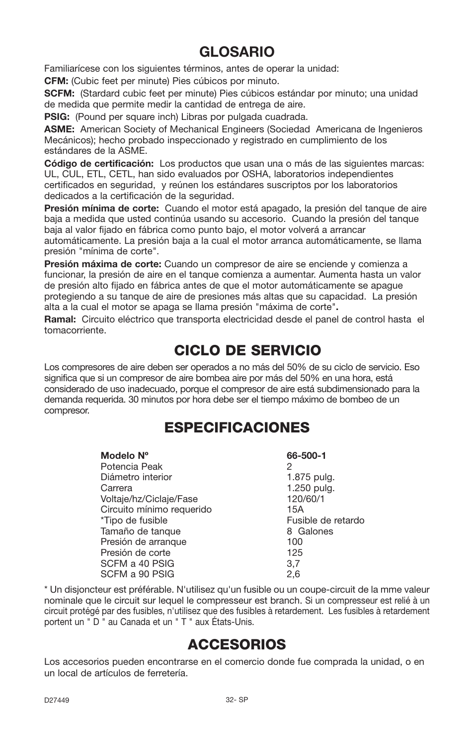 Accesorios, Glosario ciclo de servicio, Especificaciones | Delta 66-500-1 User Manual | Page 32 / 72