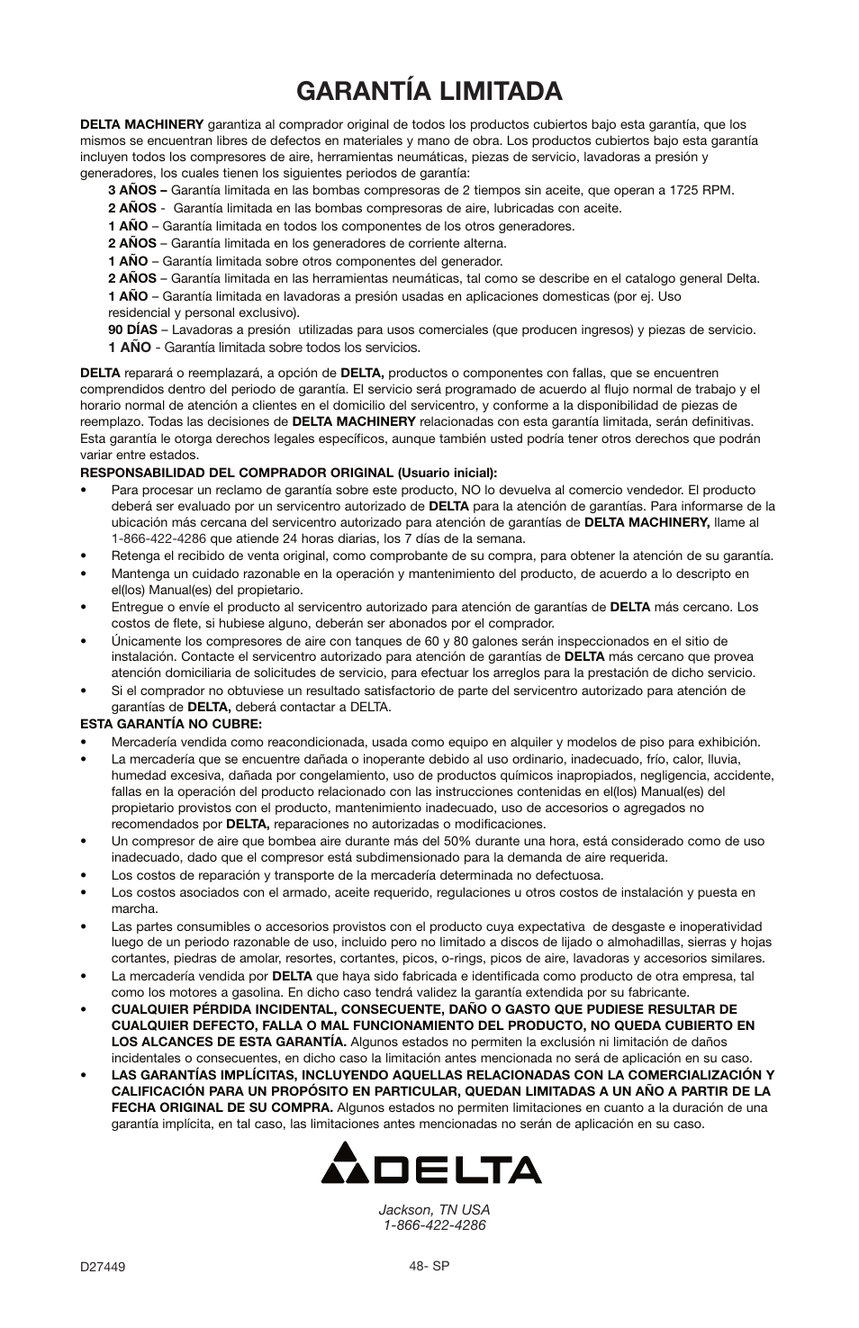 Garantía limitada | Delta 66-500-1 User Manual | Page 48 / 72