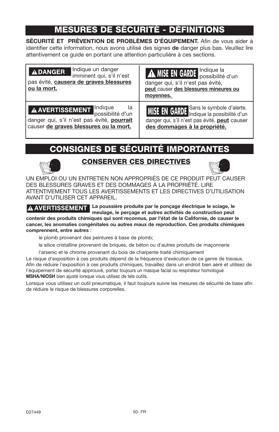Consignes de sécurité importantes, Mesures de sécurité - définitions, Conserver ces directives | Delta 66-500-1 User Manual | Page 50 / 72