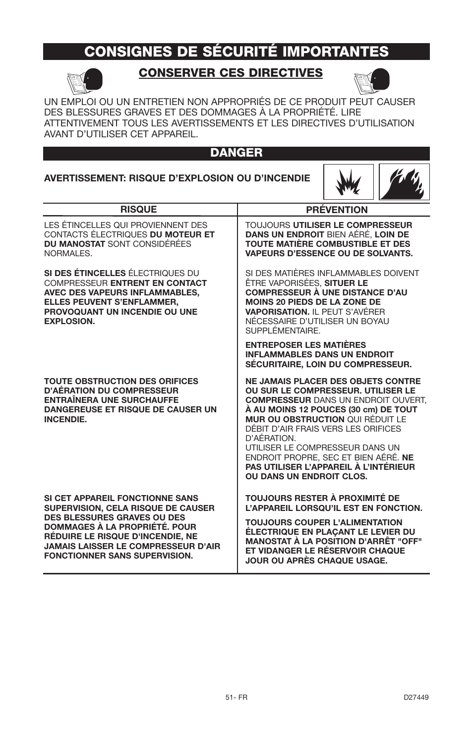Consignes de sécurité importantes, Danger, Conserver ces directives | Delta 66-500-1 User Manual | Page 51 / 72