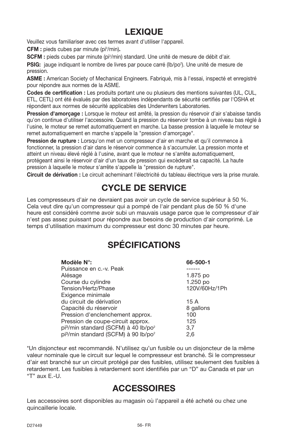 Lexique, Cycle de service, Accessoires | Spécifications | Delta 66-500-1 User Manual | Page 56 / 72