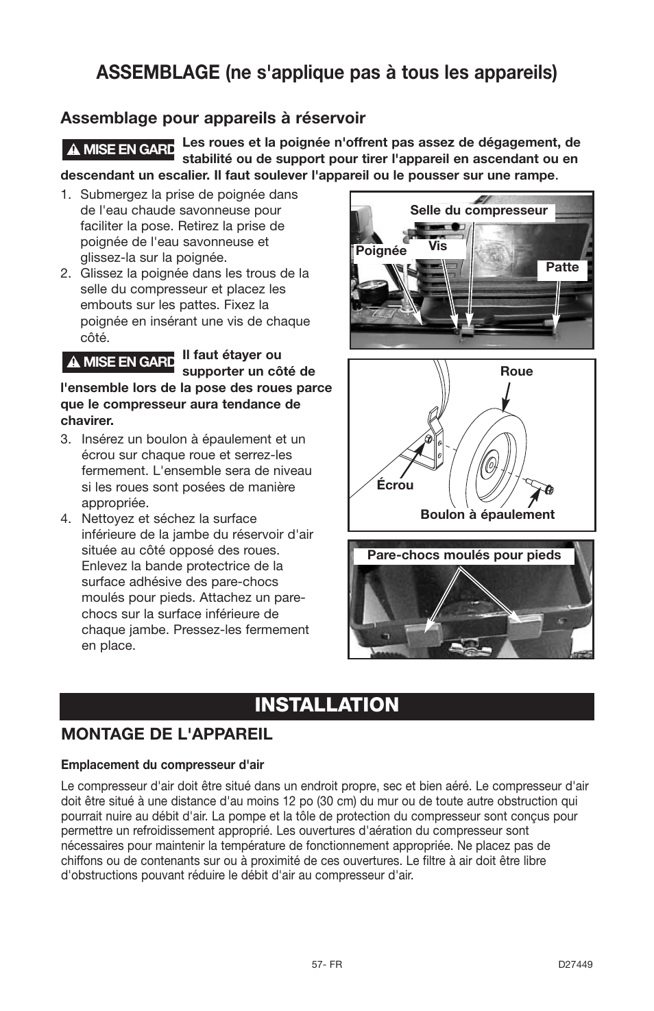 Installation, Assemblage pour appareils à réservoir, Montage de l'appareil | Delta 66-500-1 User Manual | Page 57 / 72