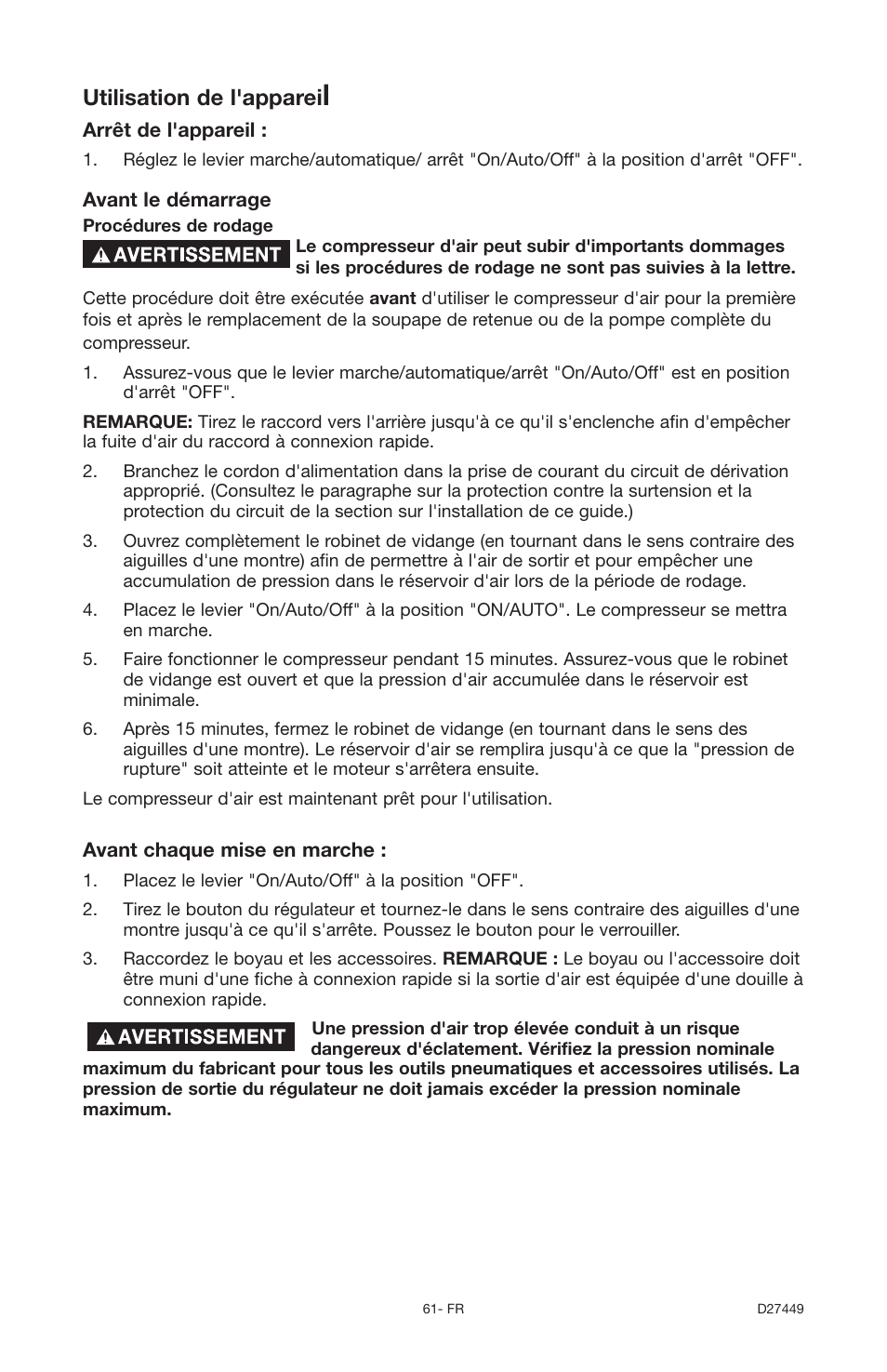 Utilisation de l'apparei | Delta 66-500-1 User Manual | Page 61 / 72