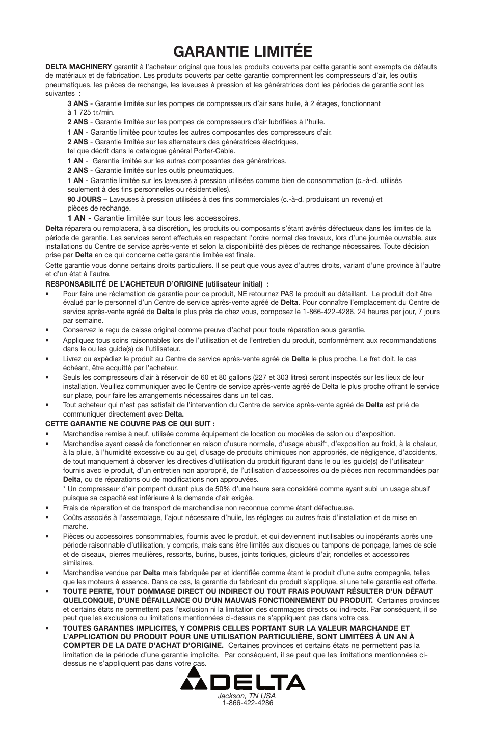 Garantie limitée | Delta 66-500-1 User Manual | Page 72 / 72