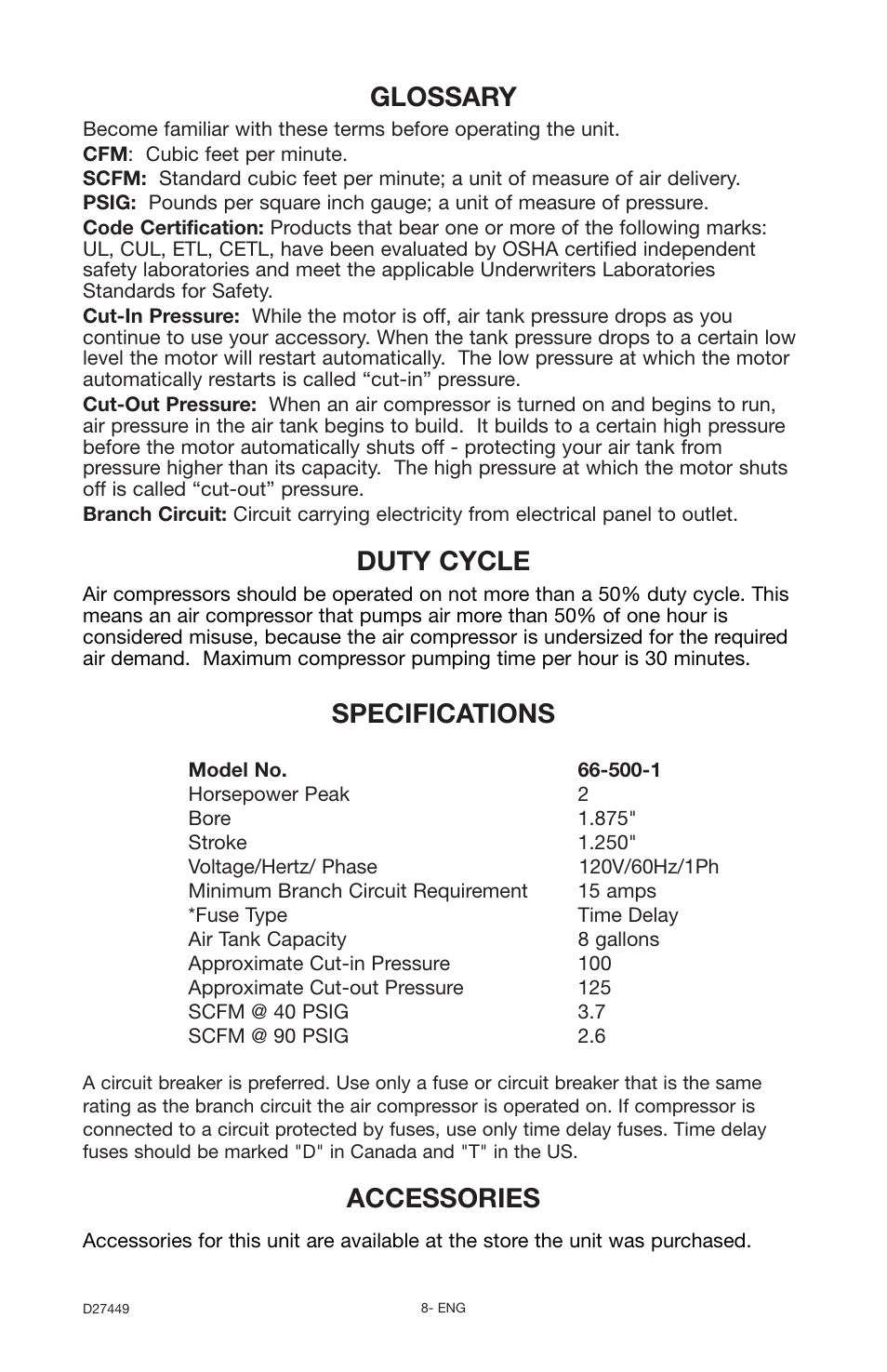 Glossary, Duty cycle, Accessories specifications | Delta 66-500-1 User Manual | Page 8 / 72