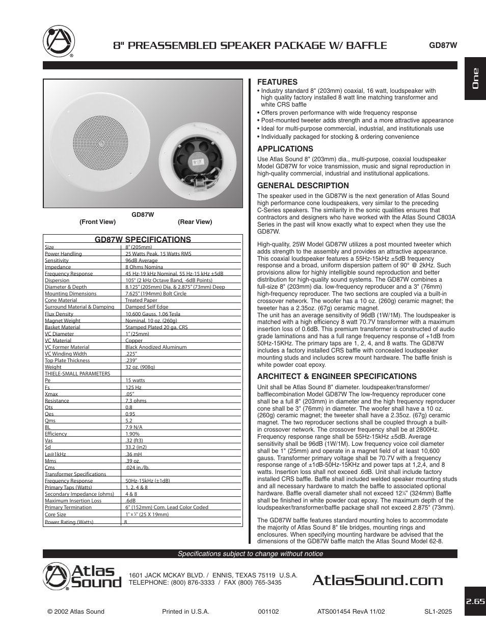 Atlas Sound GD87W 8" 2-Way 16W Coaxial Ceiling Speaker with Baffle & 70.7V Transformer User Manual | 2 pages