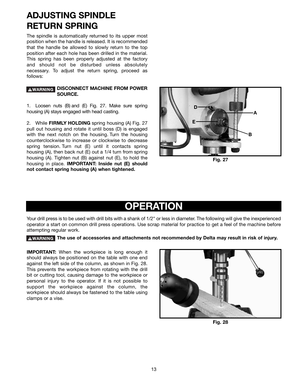 Operation, Adjusting spindle return spring | Delta DP350 User Manual | Page 13 / 17