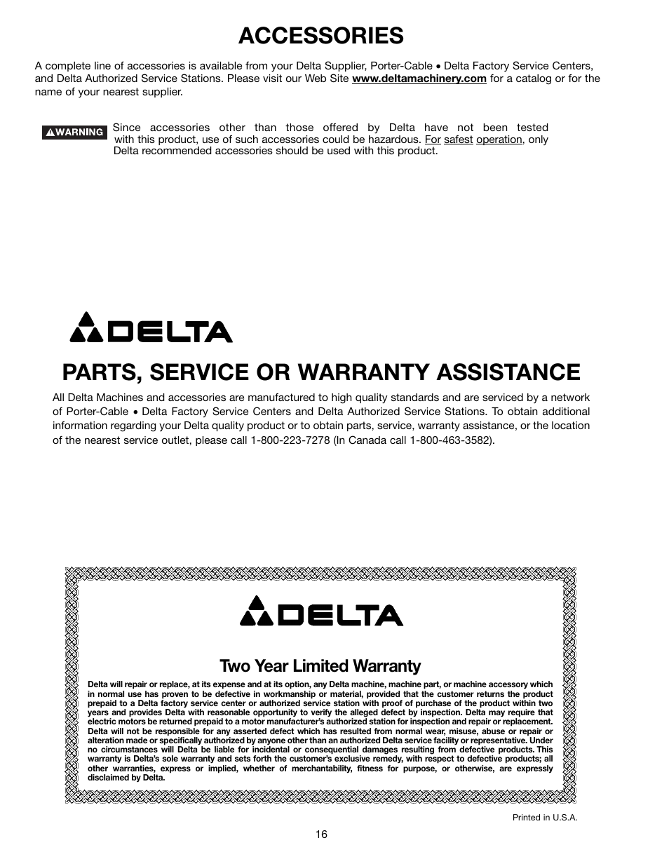 Parts, service or warranty assistance, Accessories, Two year limited warranty | Delta DP350 User Manual | Page 16 / 17