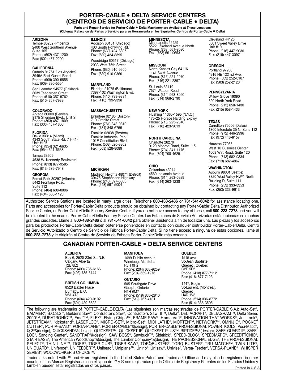 Porter-cable, Delta), Canadian porter-cable | Delta service centers | Delta DP350 User Manual | Page 17 / 17