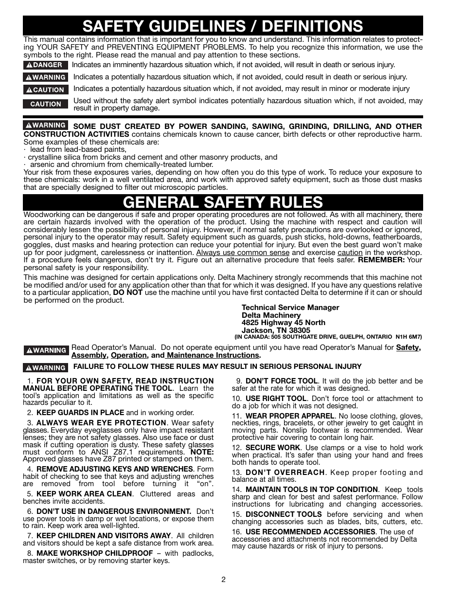 Safety guidelines / definitions, General safety rules | Delta DP350 User Manual | Page 2 / 17