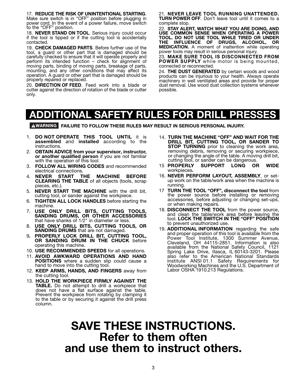 Additional safety rules for drill presses | Delta DP350 User Manual | Page 3 / 17