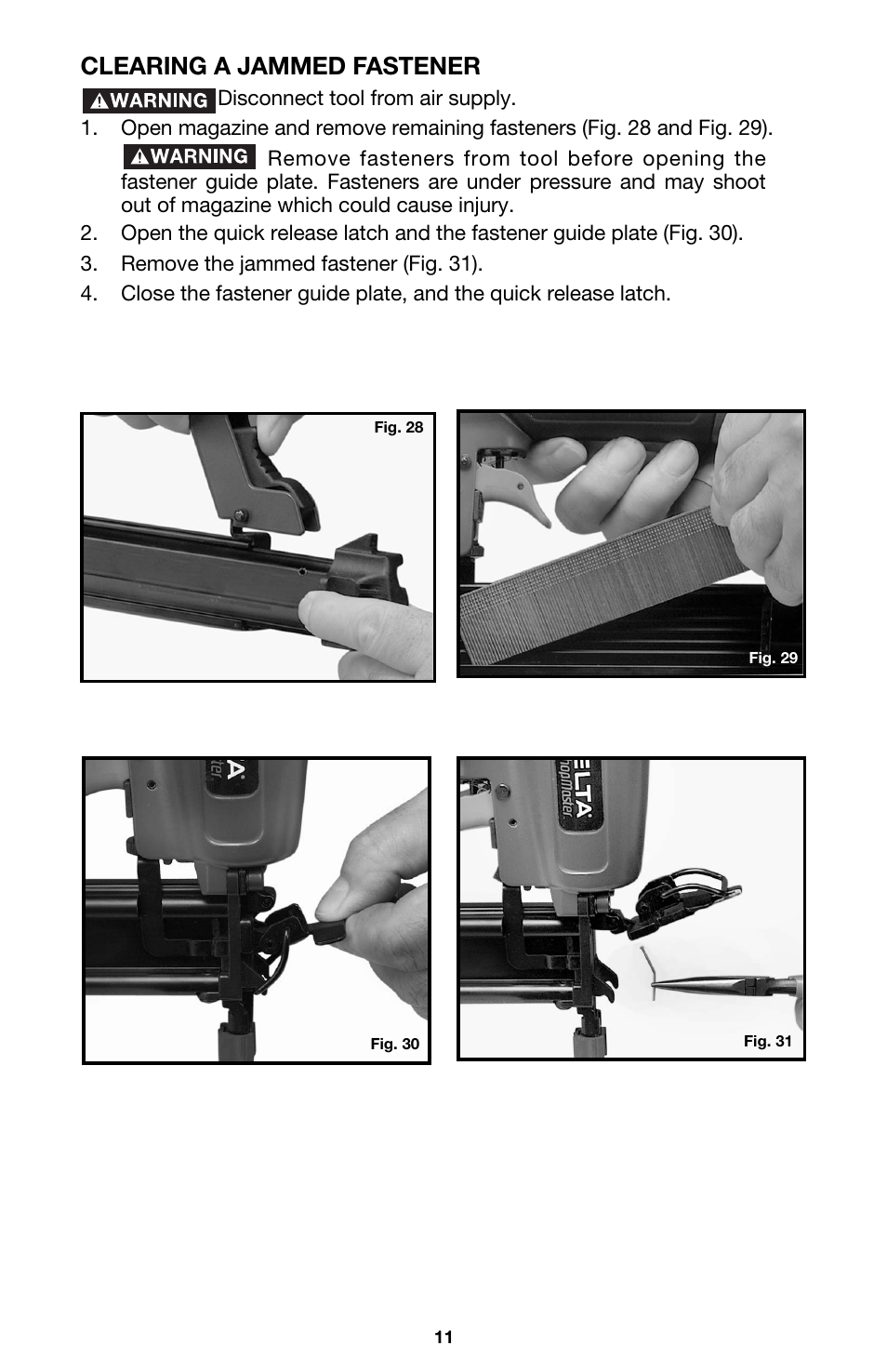 Clearing a jammed fastener | Delta DBN125 User Manual | Page 11 / 15