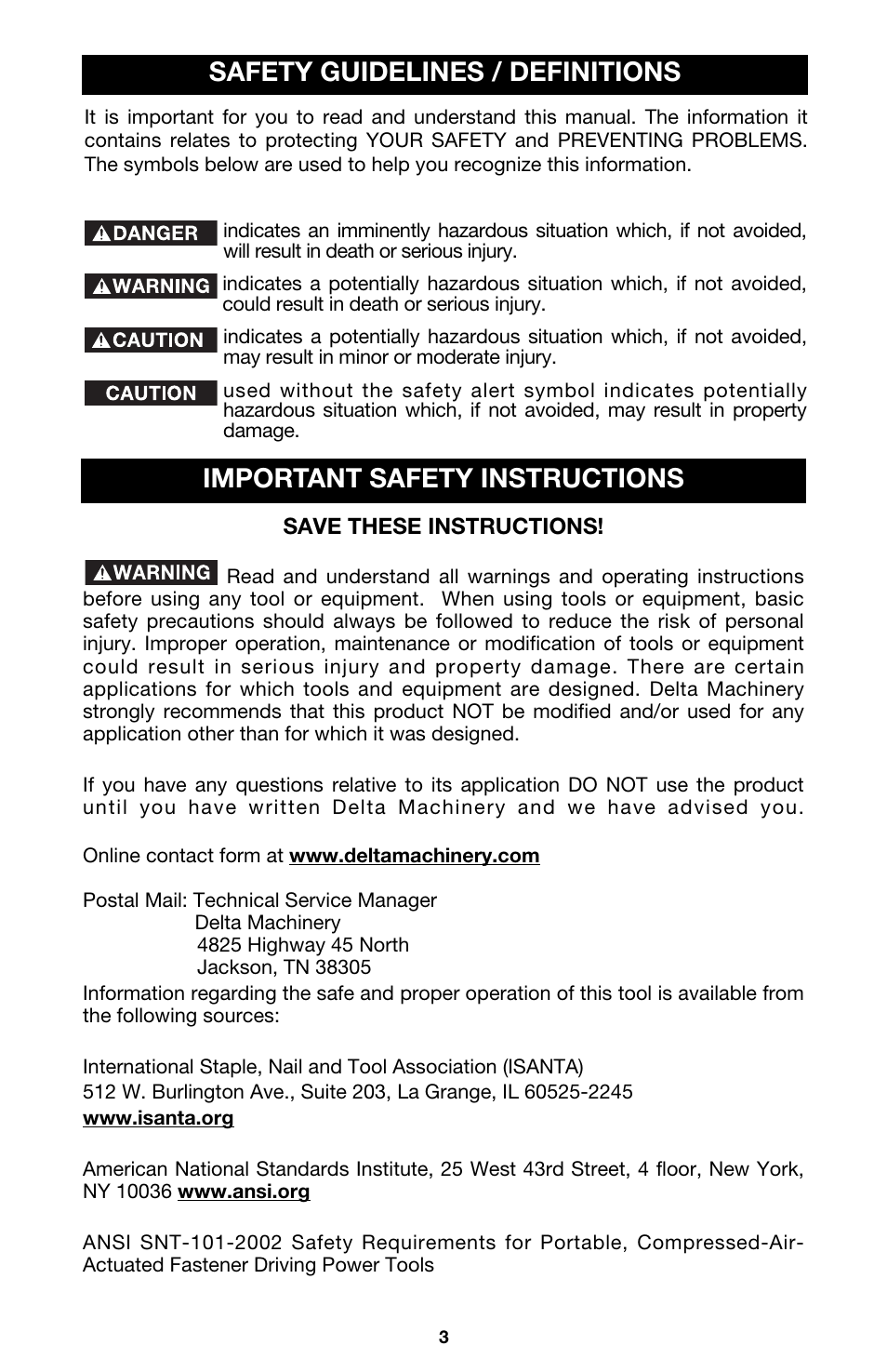 Safety guidelines / definitions, Important safety instructions | Delta DBN125 User Manual | Page 3 / 15