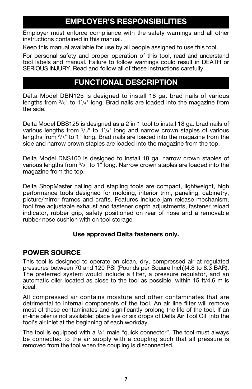 Employer’s responsibilities functional description, Power source, Use approved delta fasteners only | Delta DBN125 User Manual | Page 7 / 15