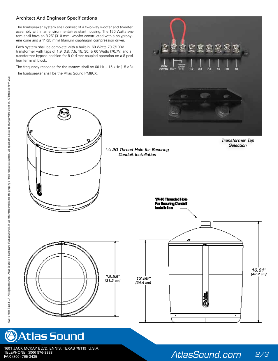 Atlas Sound PM8CX-B 8" Pendant Mount Speaker (Black) User Manual | Page 2 / 3