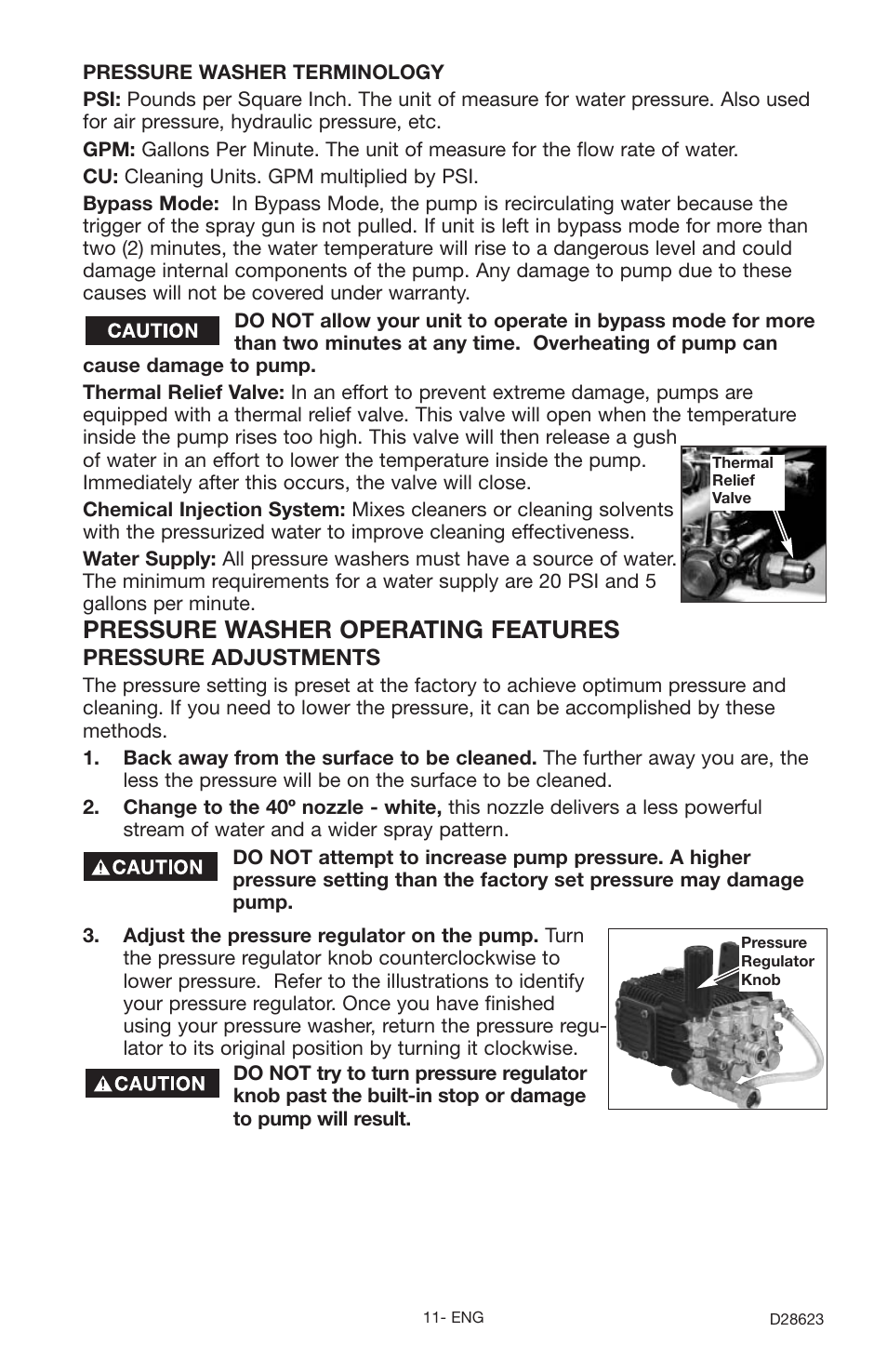 Pressure washer operating features, Pressure adjustments | Delta D28623 User Manual | Page 11 / 64