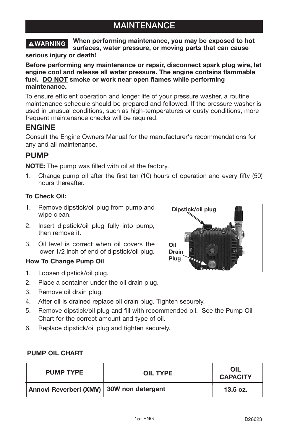 Maintenance, Engine, Pump | Delta D28623 User Manual | Page 15 / 64