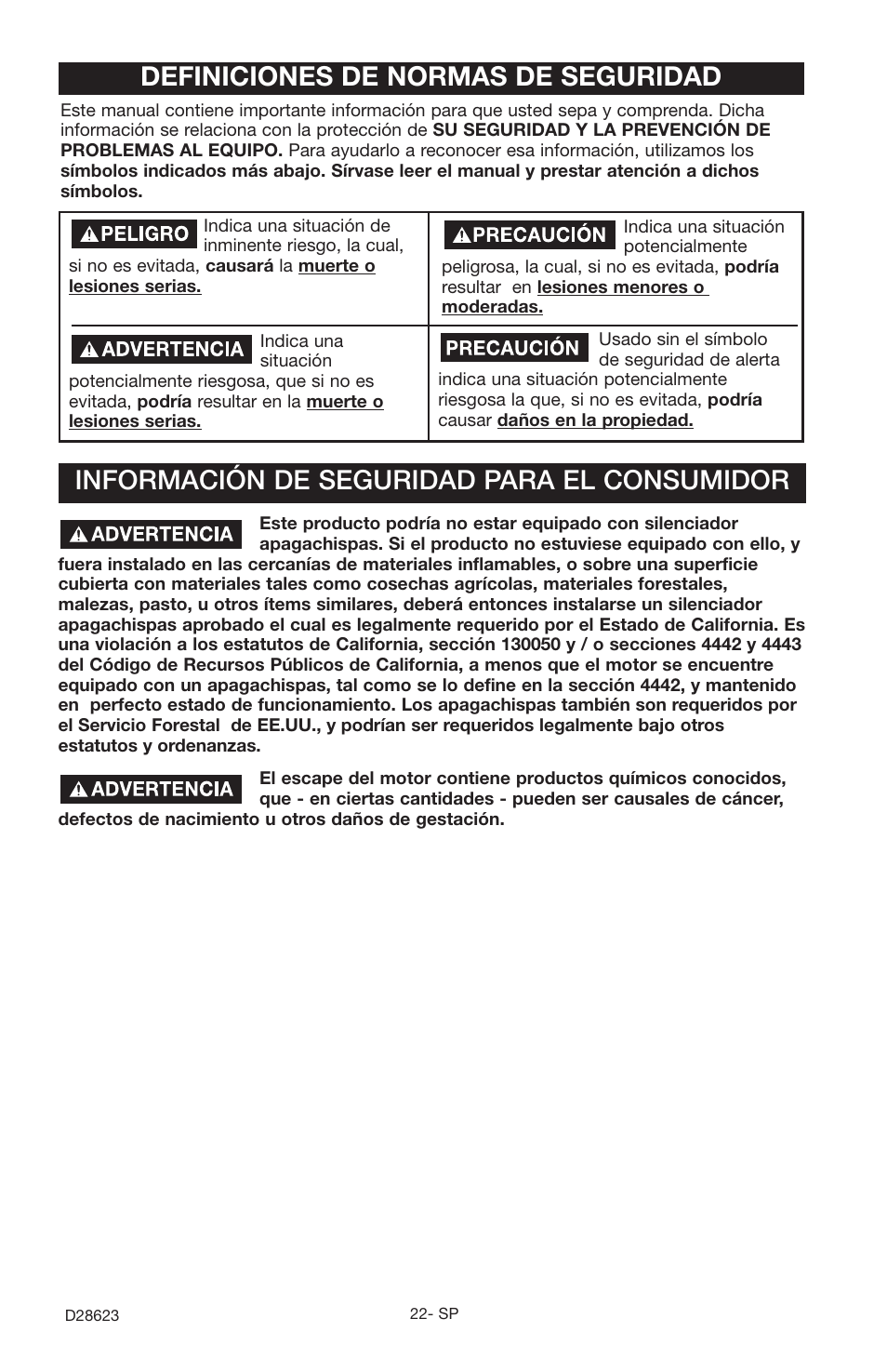 Información de seguridad para el consumidor, Definiciones de normas de seguridad | Delta D28623 User Manual | Page 22 / 64