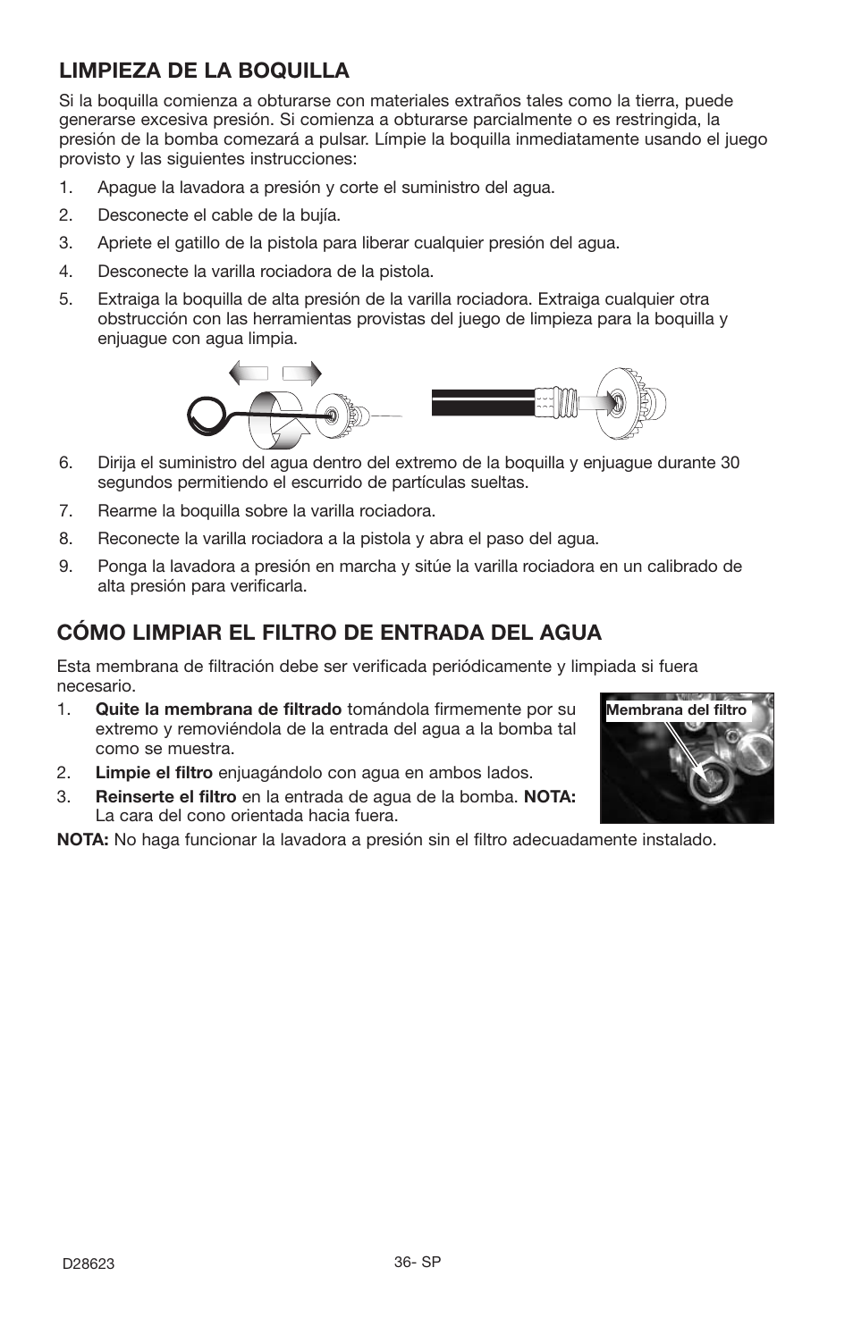 Limpieza de la boquilla, Cómo limpiar el filtro de entrada del agua | Delta D28623 User Manual | Page 36 / 64