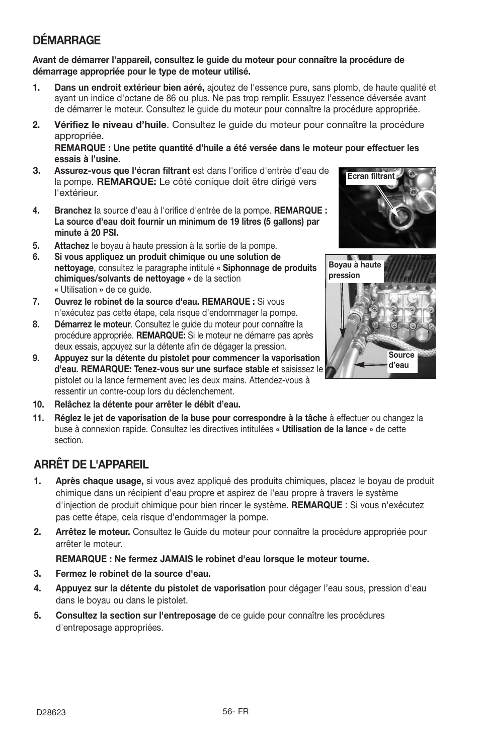 Démarrage, Arrêt de l'appareil | Delta D28623 User Manual | Page 56 / 64