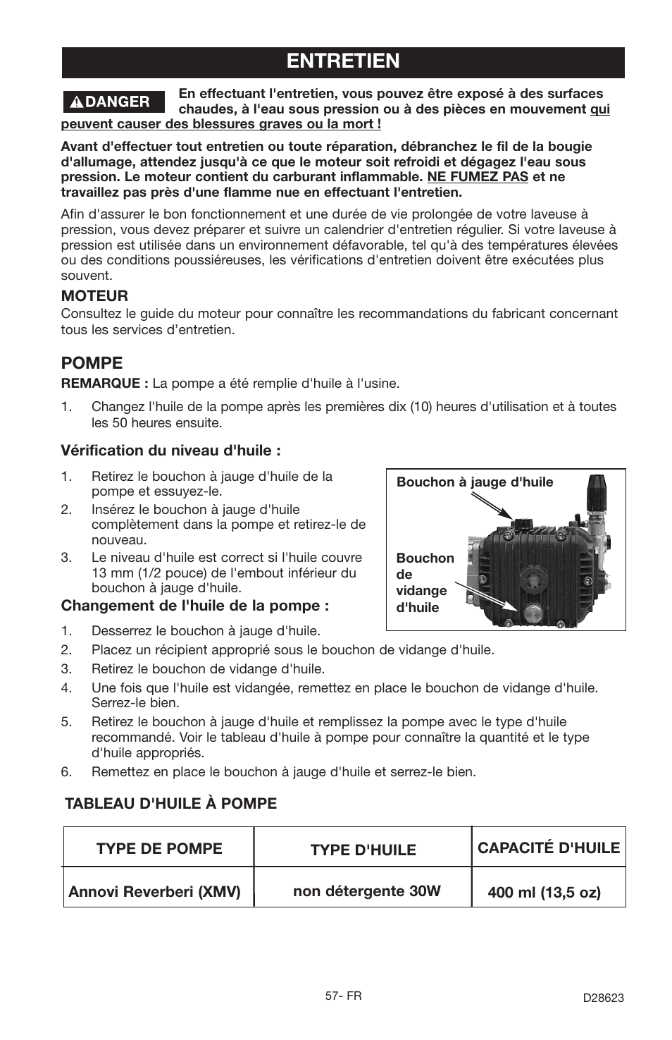 Entretien, Pompe | Delta D28623 User Manual | Page 57 / 64