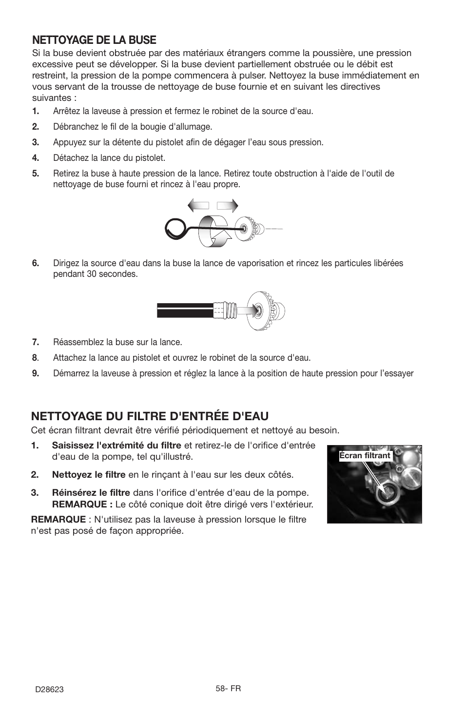 Nettoyage de la buse, Nettoyage du filtre d'entrée d'eau | Delta D28623 User Manual | Page 58 / 64