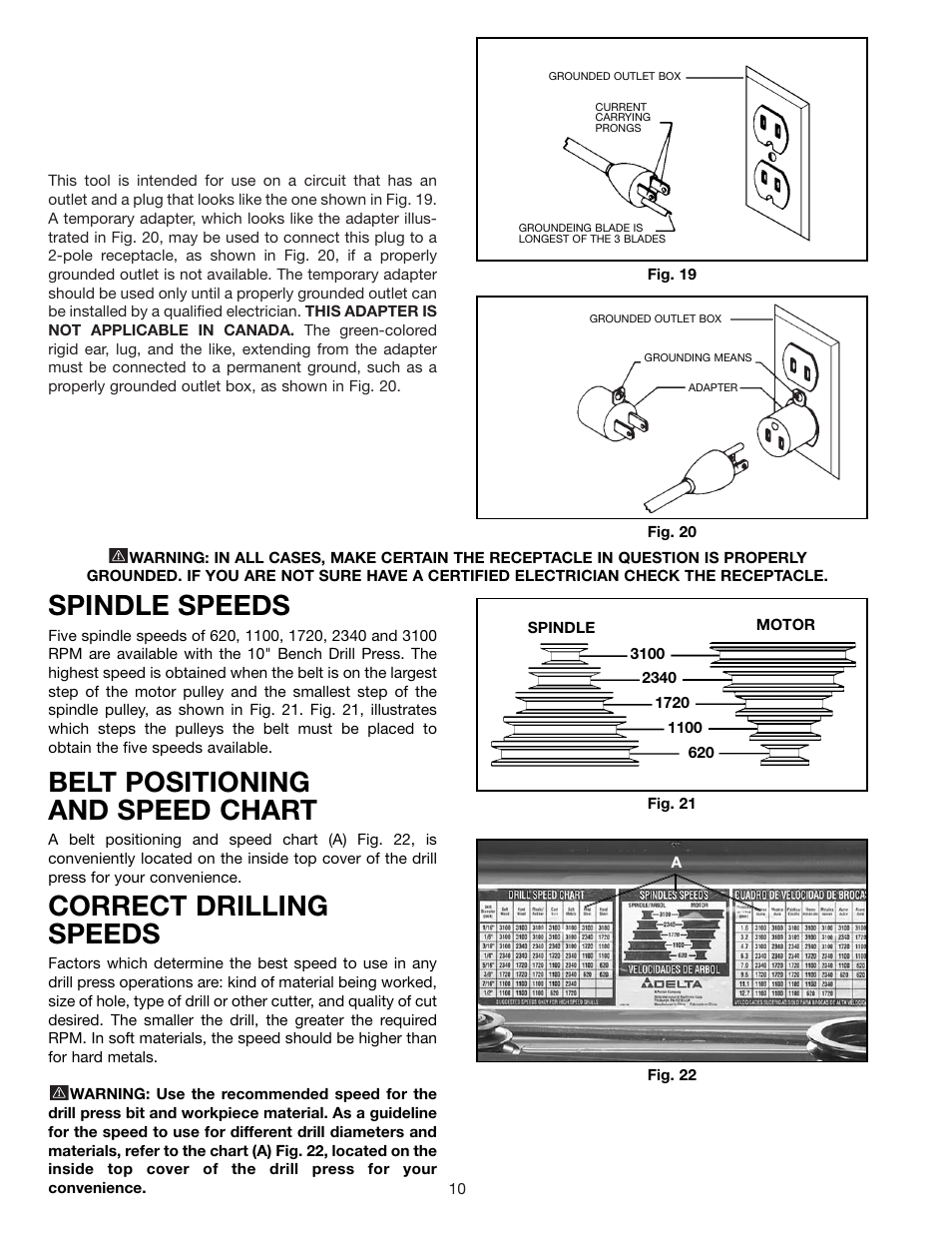 Spindle speeds, Belt positioning and speed chart, Correct drilling speeds | Delta 11-985 User Manual | Page 10 / 16