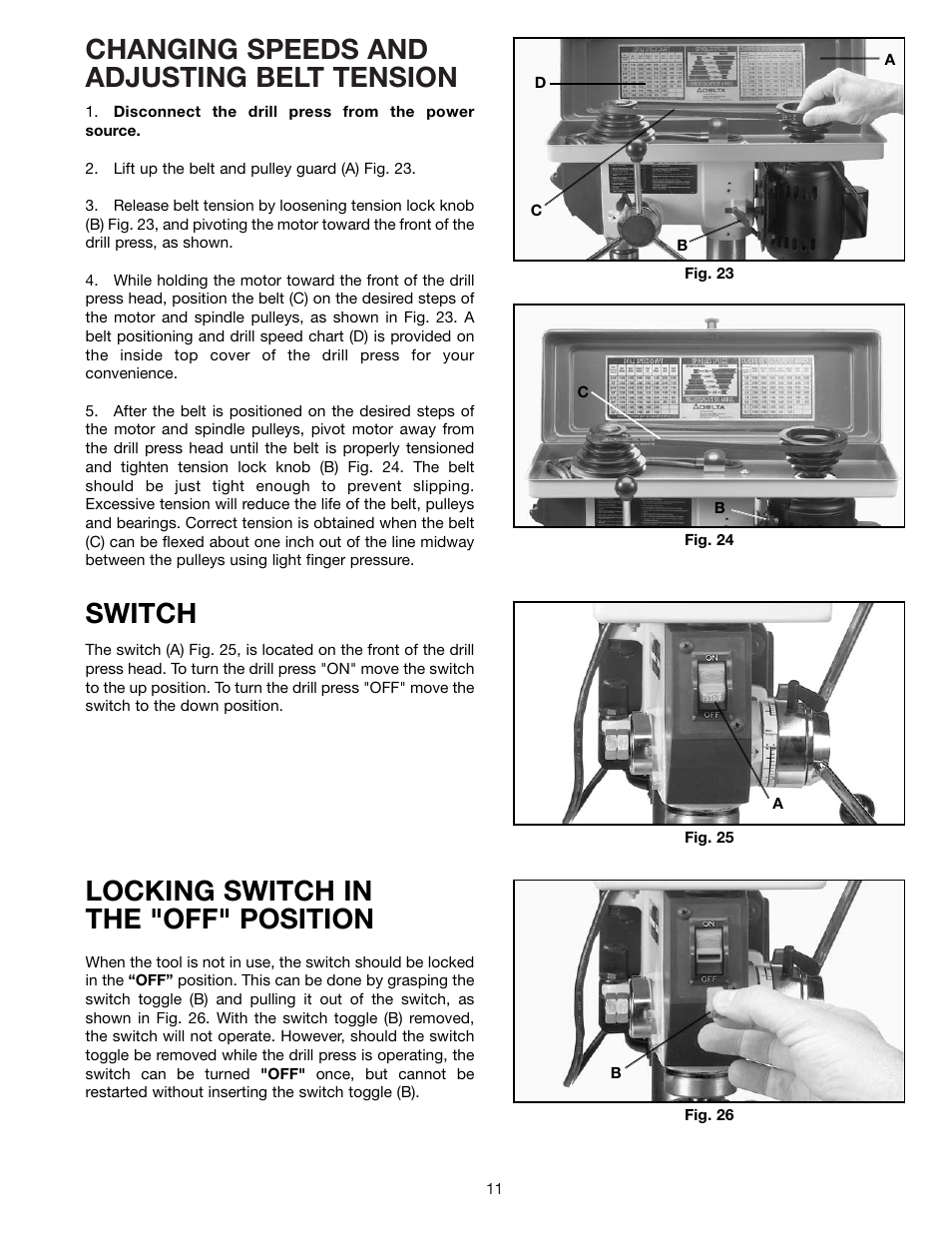 Changing speeds and adjusting belt tension, Switch, Locking switch in the "off" position | Delta 11-985 User Manual | Page 11 / 16