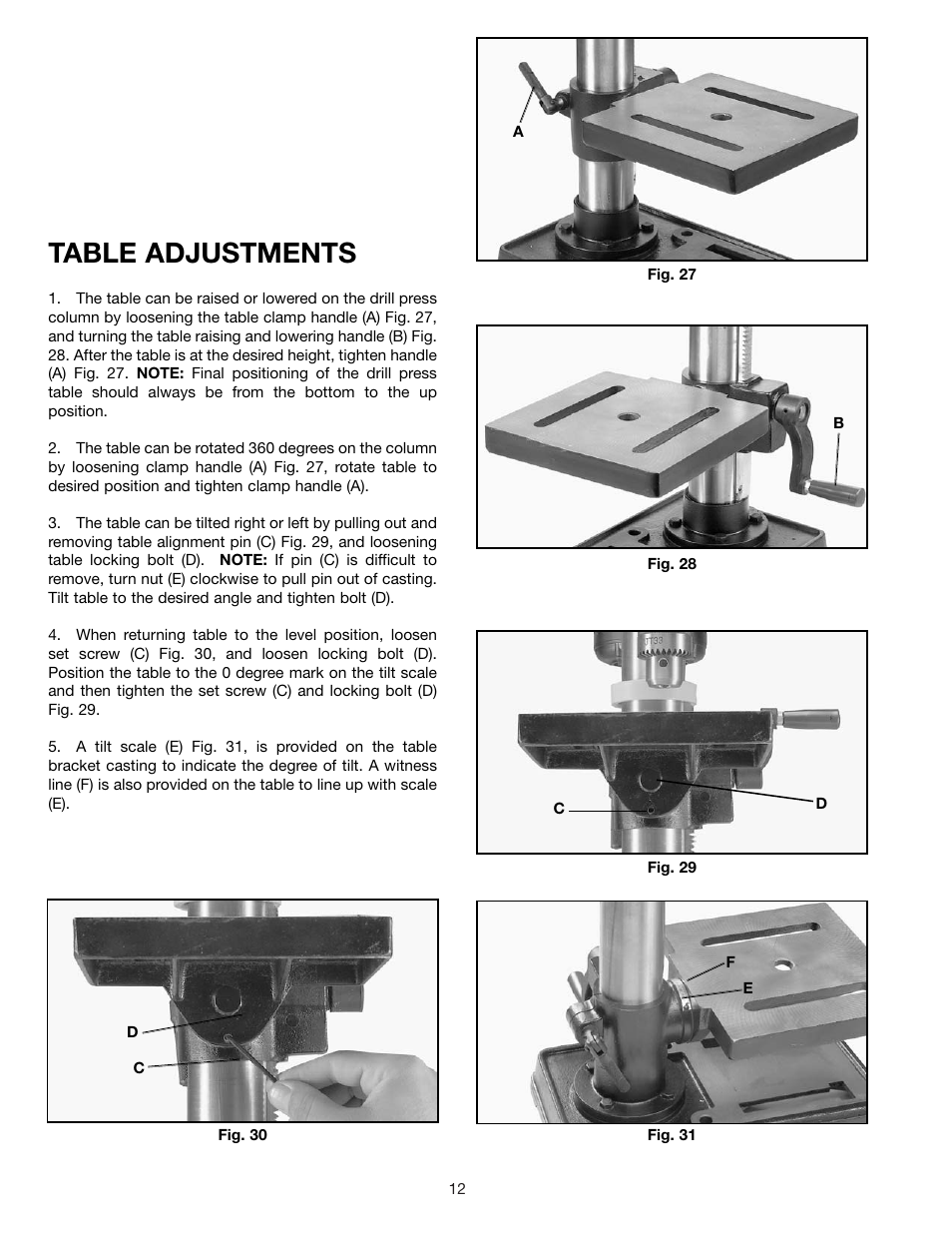 Table adjustments | Delta 11-985 User Manual | Page 12 / 16