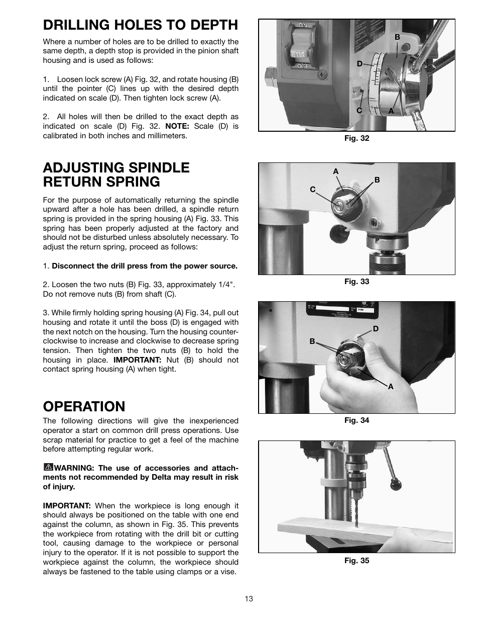 Drilling holes to depth, Adjusting spindle return spring, Operation | Delta 11-985 User Manual | Page 13 / 16